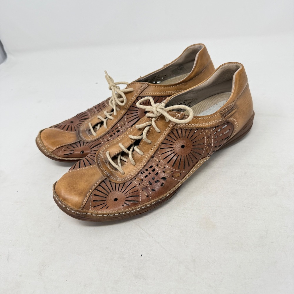 Pikolinos Lace Up Cutout Shoes Tan 39 Boho Leather Comfort Walking Flats